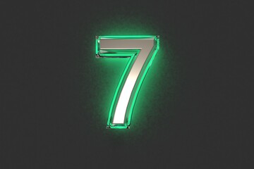 Wall Mural - Silver brassy with emerald outline and green backlight alphabet - number 7 isolated on grey background, 3D illustration of symbols