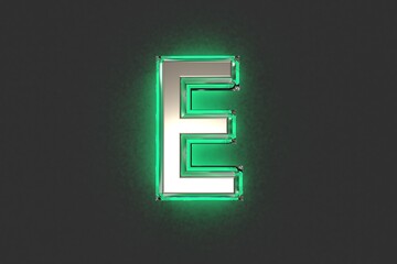 Wall Mural - Silver brassy with emerald outline and green noisy backlight font - letter E isolated on dark, 3D illustration of symbols