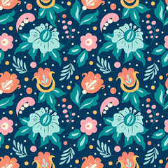 Wall Mural - vector seamless pattern with hand drawn different flowers, leaves, berries on a blue background. pattern for printing on fabric, clothing, wrapping paper. background for websites and applications