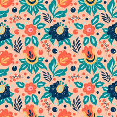 Wall Mural - vector seamless pattern with hand drawn different flowers, leaves, berries on a pink background. pattern for printing on fabric, clothing, wrapping paper. background for websites and applications