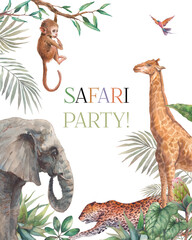 Safari party frame. Illustration with elephant, monkey, leopard and giraffe. Watercolor animal and jungle flora on white background.