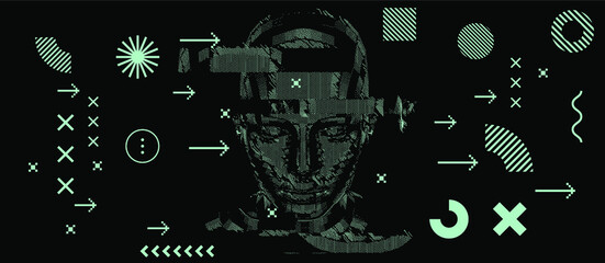Poster - Low poly android head made of pixels and particles. Artificial Intelligence, Neural network and futuristic technology concept.  