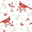 Christmas seamless pattern, cardinal bird, red berries, twigs, stars, white background. Vector illustration. Nature design. Season greeting. Winter Xmas holidays
