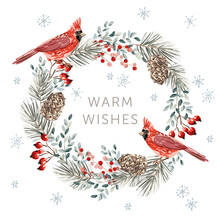 Christmas Wreath With Red Cardinal Birds, White Background. Green Pine, Fir Twigs, Cedar Cones, Red Berries, Snowflakes. Vector Illustration. Nature Design. Greeting Card, Poster Template. Winter Xmas