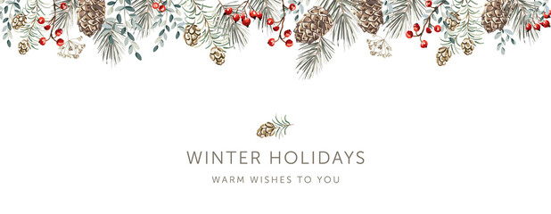 Wall Mural - christmas nature design border, text winter holidays, white background. green pine, fir twigs, cedar