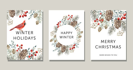 Wall Mural - christmas nature design greeting cards template, round frame, text, white background. green pine, fi
