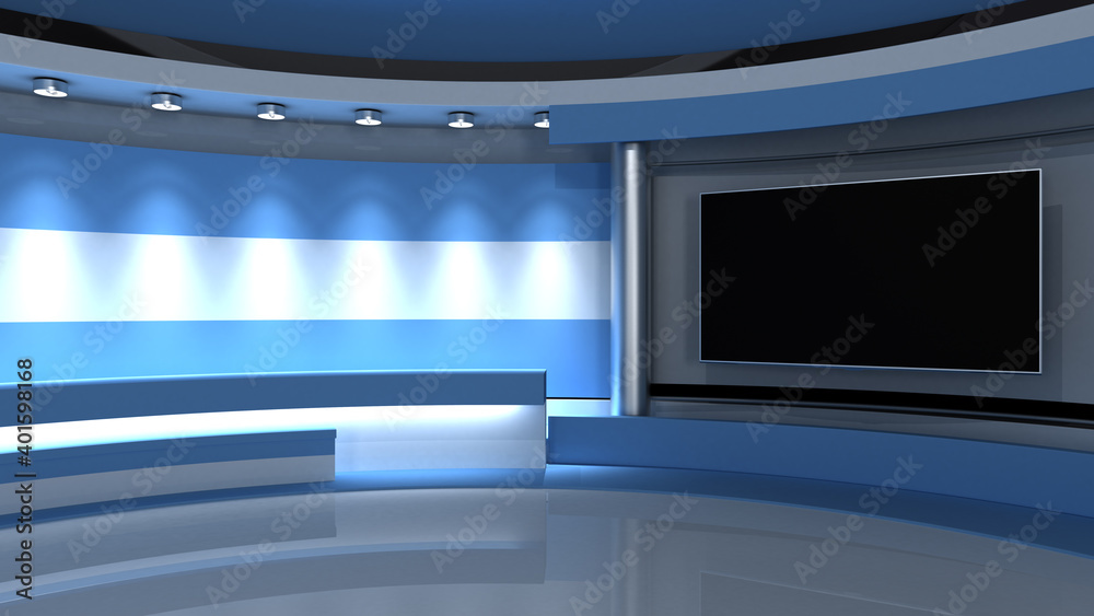 TV studio. Argentina. Argentine flag. News studio. Loop animation. Background for any green screen or chroma key video production. 3d render. 3d - obrazy, fototapety, plakaty 