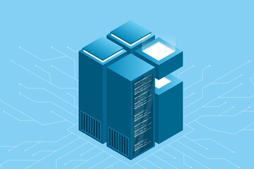 Fototapete - Data center landing page. Isometric Data center. Isometric servers vector design. Computer storage or farming workstation. Vector illustration