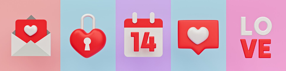 Poster - happy valentines day icons set. minimal trendy banner. 3d rendering