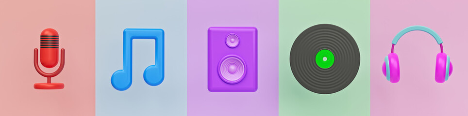Aufkleber - Set of music related icons. microphone, Music note, sound speaker, vinyl record and headphone. colorful trendy banner. 3d rendering