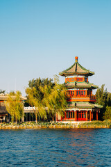 Sticker - Shichahai Houhai lake and Chinese traditional pavilion in Beijing, China