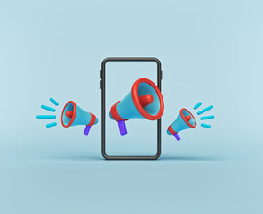 Poster - Digital advertising, promotion, announcement concept. smartphone with megaphone. minimal design. 3d rendering