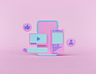 Poster - social network Icons with a smartphone. trendy design for social media advertising. modern technology concept. 3d rendering