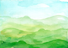 Watercolor Green, Blue Background, Blot, Blob, Splash Of Green Paint. Watercolor Field, Meadow, Spot, Abstraction. Wild Grass, Bushes, Country Abstract Landscape. Watercolor Card, Banner.splashing