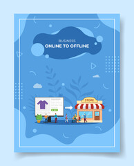 online to offline people around computer monitor cloth in display store for template of banners, flyer, books cover, magazines with liquid shape style