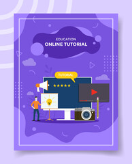 Poster - online tutorial concept men front board screen monitor computer video playing camera pencil speaker for template of banners, flyer, books cover, magazines with liquid shape style