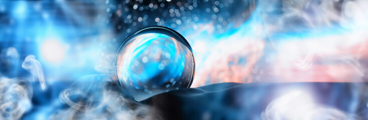 Astrological background. Crystal ball with predictions. Horoscope of the stars. Fortune telling and determination of fate. Soothsayer with a crystal ball.