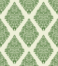 Seamless Light Background With Green Pattern In Baroque Style. Vector Retro Illustration. Ideal For Printing On Fabric Or Paper For Wallpapers, Textile, Wrapping. 