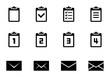 バインダーとメールのアイコンのセット。バインダーにはチェックマークや箇条書きの資料が挟まれている。問診票やアンケート票のようなイメージのイラスト。メッセージやチャットでコミュニケーションするイメージのアイコンも含まれる。
