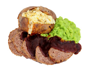 Wall Mural - Baked beef and pork meatloaf with a jacket potato and gravy meal isolated on a white background