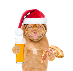 Poster - Smiling puppy wearing santa hat holds light beer and pizza. isolated on white background