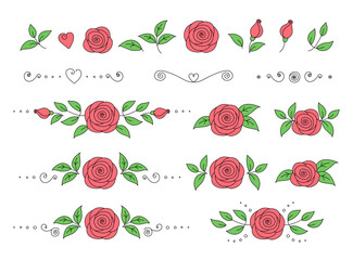 Wall Mural - set of pink roses with green leaves