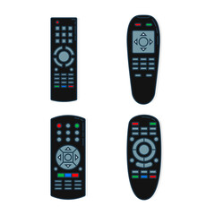 Four object hand remote control. Multimedia panel with shift buttons. Program television device. Universal electronic controller. Isolated thin line illustration. White background. Set flat symbol