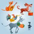 Animals play various musical instruments. A rooster with a pipe, a dog with a drum, a cat with a guitar, a donkey with an accordion.