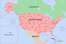 Highly Detailed Political Map Of The USA With Borders Countries And Cities
