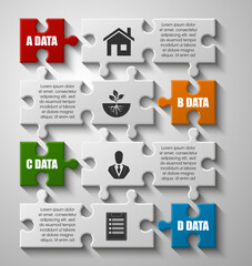 Fototapete - Four sided 3d puzzle presentation infographic template with explanatory text field for business statistics