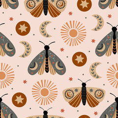 Wall Mural - seamless pattern with celestial moth, moon, sun