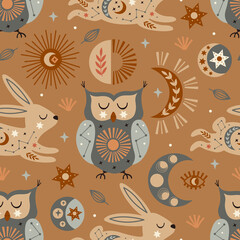 Wall Mural - seamless pattern with celestial owl and hare