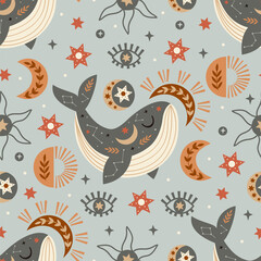 Wall Mural - seamless pattern with celestial whale,moon,eye,sun
