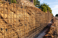 The Construction Of A Retaining Wall Or Counterfort, Formwork, Reinforced, Preparation To Pour Concrete, Construction Site. Improvement Of The Territory. Preventive Measures Against Landslide