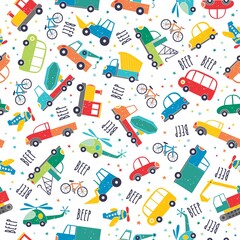 Seamless childish pattern with hand drawn cartoon cars. Creative kids texture for fabric, wrapping, textile, wallpaper, apparel. Vector illustration
