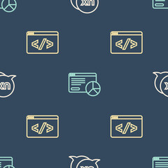 Set line UI or UX design, Front end development and Website statistic on seamless pattern. Vector.