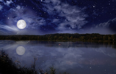 Wall Mural - Full moon over the river