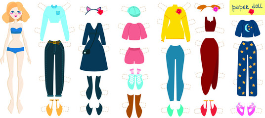 Cute  Girl Paper Doll with Set of Fashionable Clothes and Shoes 