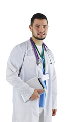 Wall Mural - Portrait of a confident doctor with tablet isolated on white background