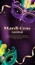 Mardi Gras Carnaval Background.Traditional Mask With Feathers And Confetti For Fesival, Masquerade, Parade.Template For Design Invitation,flyer, Poste, Banners. Vector Illustration Eps10