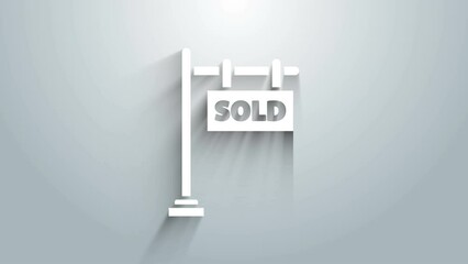 Poster - White Hanging sign with text Sold icon isolated on grey background. Sold sticker. Sold signboard. 4K Video motion graphic animation