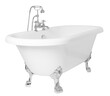 A modern white clawfoot bathtub with a stainless metal faucet isolated on a white background