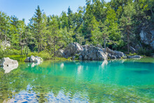 The Blue Lake (Lac Bleu) In Champclause, Auvergne (France) Is An Old Quarry That Was Flooded And Is Now A Magnificent Full Of Fished And With Turquoise Waters