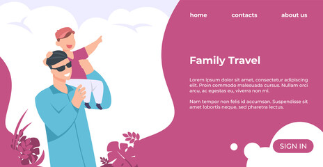 Poster - Family travel landing page. Cartoon man holding kid on shoulder. Father and son resting at resort. Online vacation service. Website interface design with buttons and text. Vector web colorful template