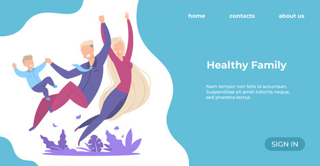 Poster - Healthy family landing page. Cartoon happy parents and child. Professional consultations for kids or adults. Wellness and active lifestyle. Website template with text and buttons, vector web interface