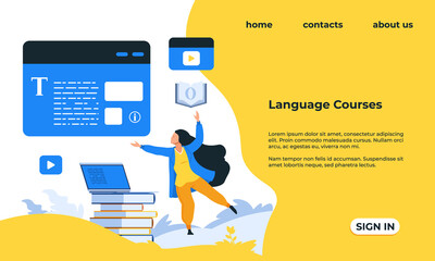 Poster - Language courses landing page. Web service for learning grammar and pronunciation of foreign words. Distant studying. Website interface bright design. Vector modern mockup with text and buttons