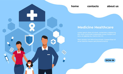 Aufkleber - Medicine health care landing page. Website interface for clinic. Counseling and treatment of children and adults. Family medical web service. UI mockup design with buttons and text, vector template