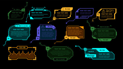 Aufkleber - HUD game elements. Luminescent futuristic interface elements design, callout boxes and technology layouts. Abstract visualization shining menu panels vector modern graphic vr dashboards isolated set