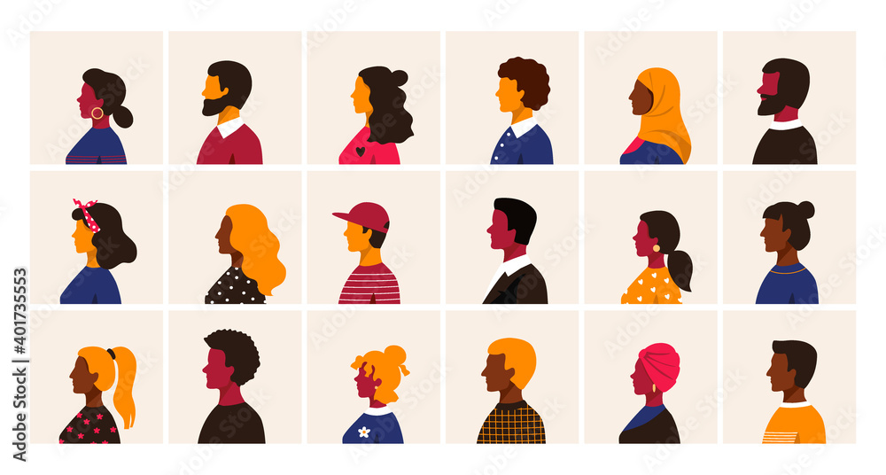 People profile. Cartoon multiethnic man and women character user avatars, trendy minimal person side view collection. Male and female old and young age portraits vector different race simple style set - obrazy, fototapety, plakaty 