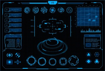 Aufkleber - HUD interface. Cyberpunk virtual car and VR game interface with futuristic digital screen elements. Abstract visualization blue shining menu navigation panels vector virtual reality dashboard template